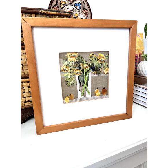 Fabric Collage by Wilda Northrop Yellow Flowers & Pear Signed Textile Art Floral - Picture 2 of 16